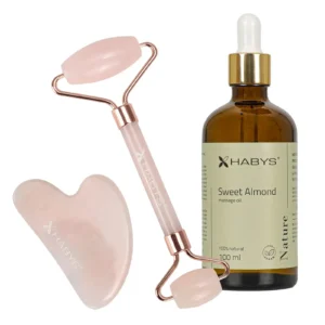Набір для масажу обличчя HABYS: камінь Гуа Ша + ролик з рожевого кварцу + натуральна мигдальна олія 100 мл